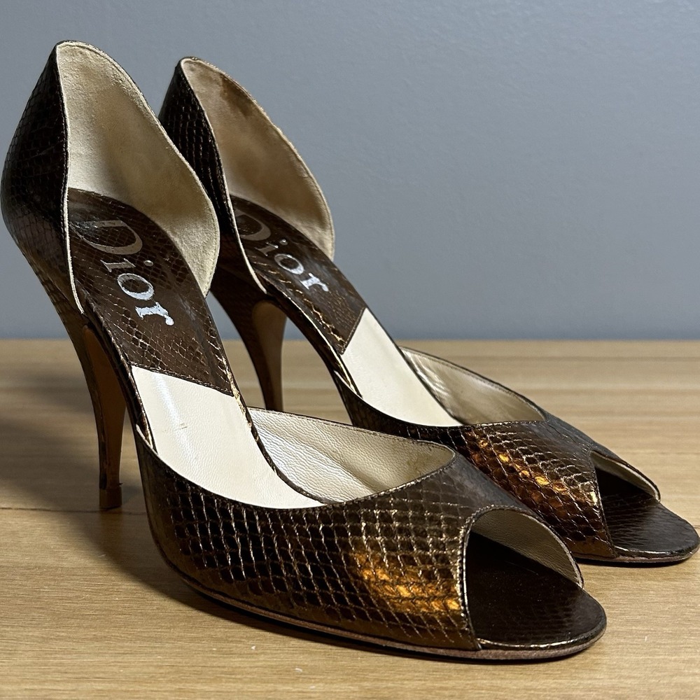 Christian Dior Bronze Metallic Snakeskin Peep Toe D'Orsay Silhouette Pumps